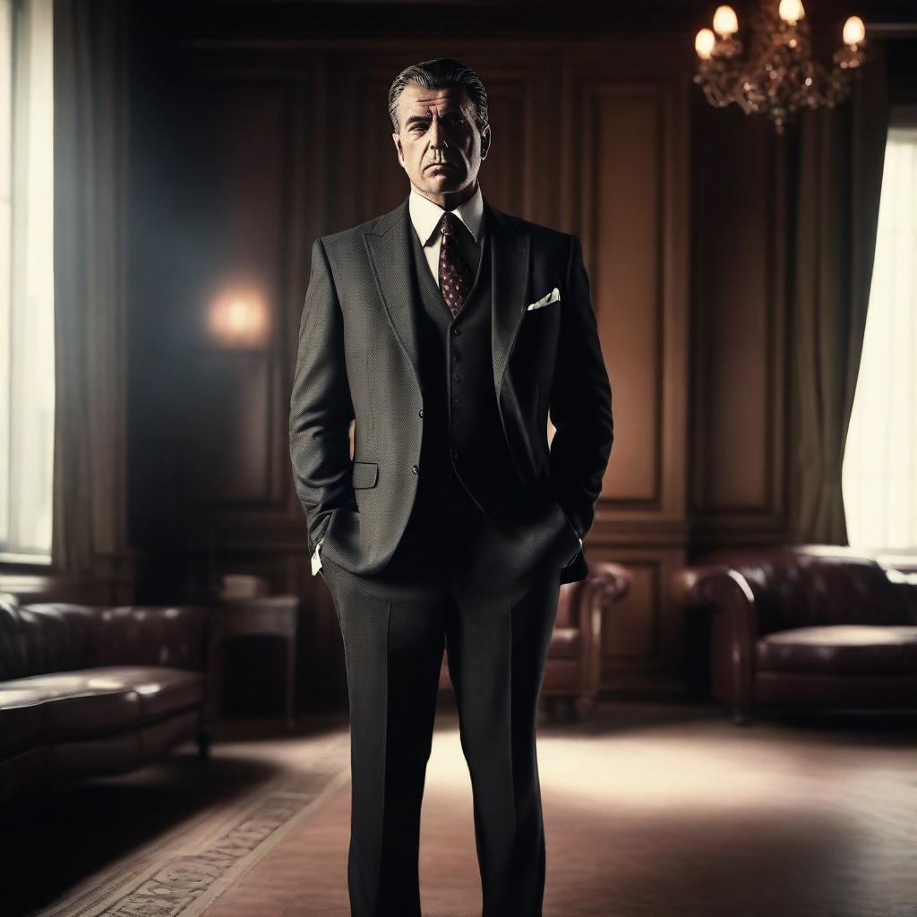 A mafia man in a brand new, sharp suit, standing confidently in a dimly lit room