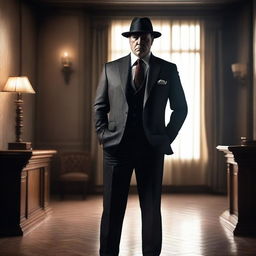 A mafia man in a brand new, sharp suit, standing confidently in a dimly lit room