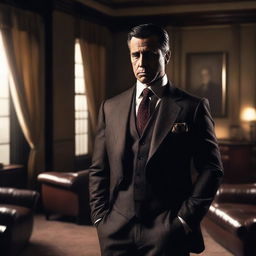 A mafia man in a brand new, sharp suit, standing confidently in a dimly lit room