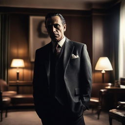 A mafia man in a brand new, sharp suit, standing confidently in a dimly lit room