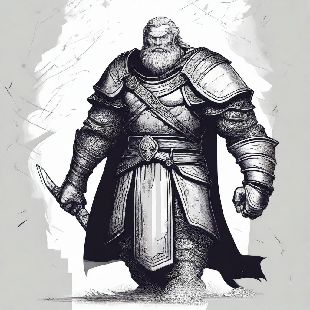 Dark DND illustration of a medieval warrior king with a grizzled expression