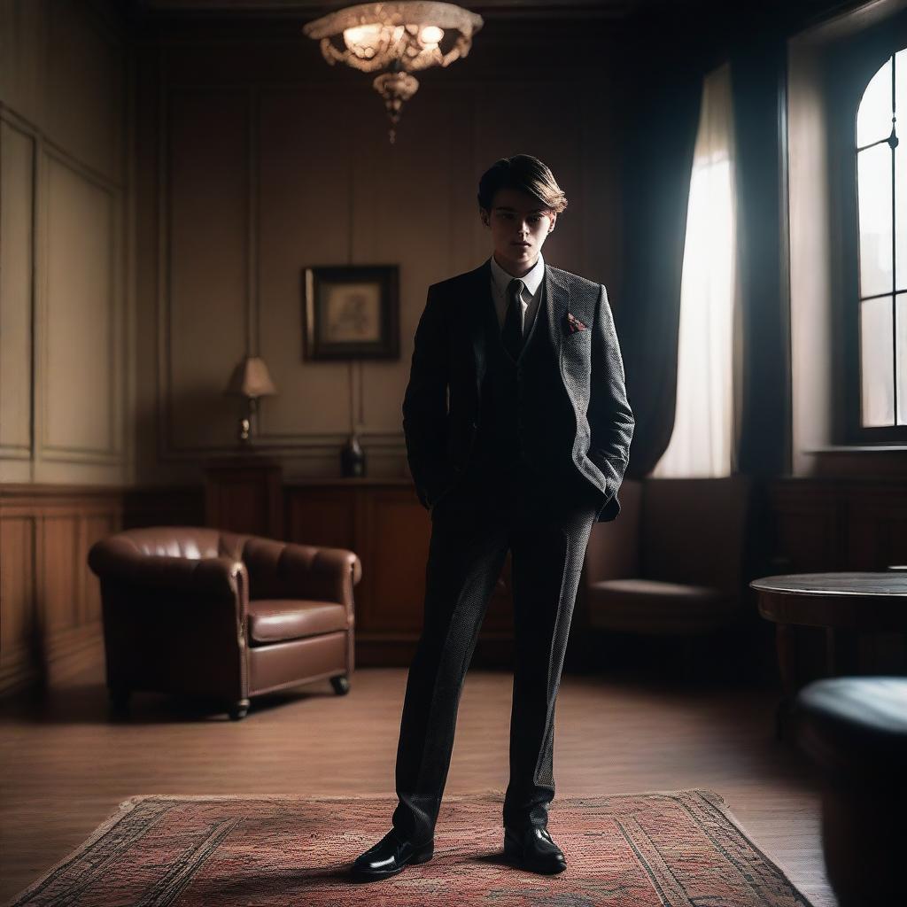 A 19-year-old mafia man in a sharp and stylish suit, standing confidently in a dimly lit room