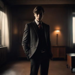 A 19-year-old mafia man in a sharp and stylish suit, standing confidently in a dimly lit room