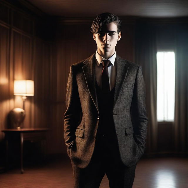 A 19-year-old mafia man in a sharp and stylish suit, standing confidently in a dimly lit room