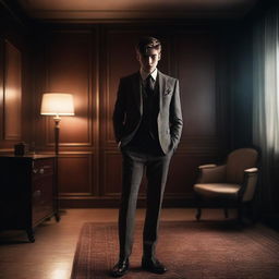 A 19-year-old mafia man in a sharp and stylish suit, standing confidently in a dimly lit room