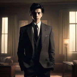 A 19-year-old gangster with black hair, tall stature, and cold, lifeless eyes, dressed in a sharp and stylish suit