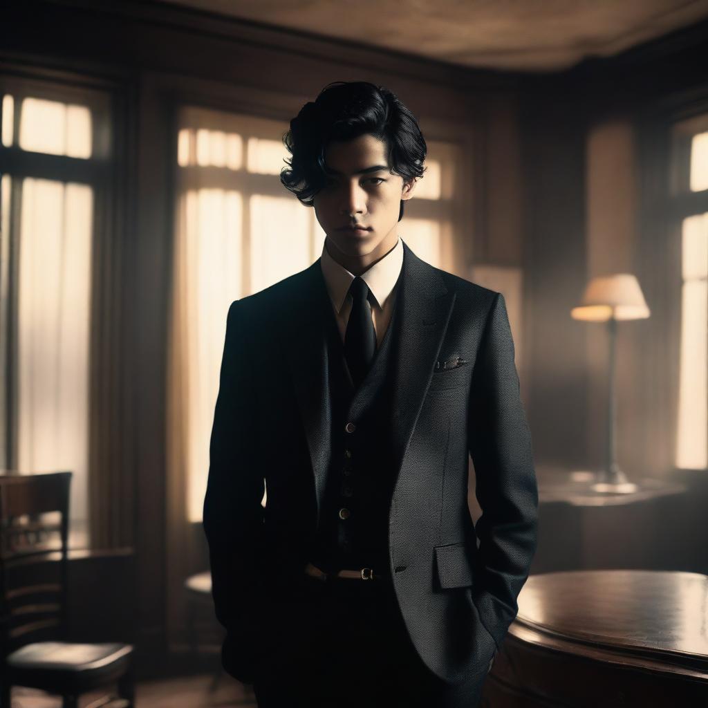 A 19-year-old gangster with black hair, tall stature, and cold, lifeless eyes, dressed in a sharp and stylish suit