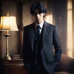 A 19-year-old gangster with black hair, tall stature, and cold, lifeless eyes, dressed in a sharp and stylish suit