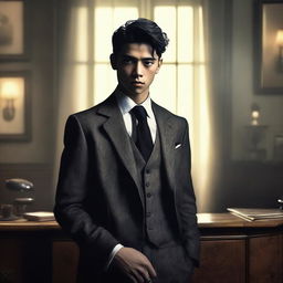 A 19-year-old gangster with black hair, tall stature, and cold, lifeless eyes, dressed in a sharp and stylish suit