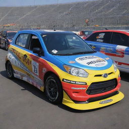 A Daihatsu reincarnated in the NASCAR style, flaunting vibrant hues, race-ready modifications, and bedecked with numerous sponsor decals.