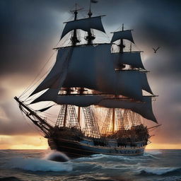 A grand pirate ship sailing through the rough seas