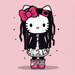 A unique and stylish depiction of Hello Kitty with black fur and dreadlocks