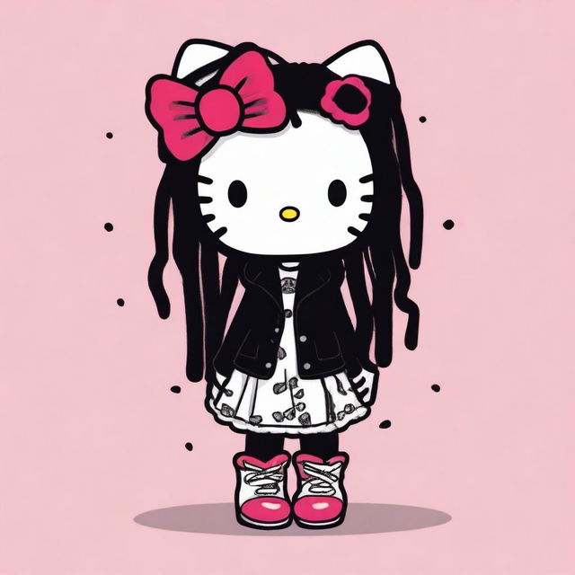 A unique and stylish depiction of Hello Kitty with black fur and dreadlocks