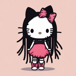 A unique and stylish depiction of Hello Kitty with black fur and dreadlocks