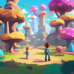 Create a vibrant and engaging scene from a video game, featuring a dynamic landscape and characters interacting in a lively environment