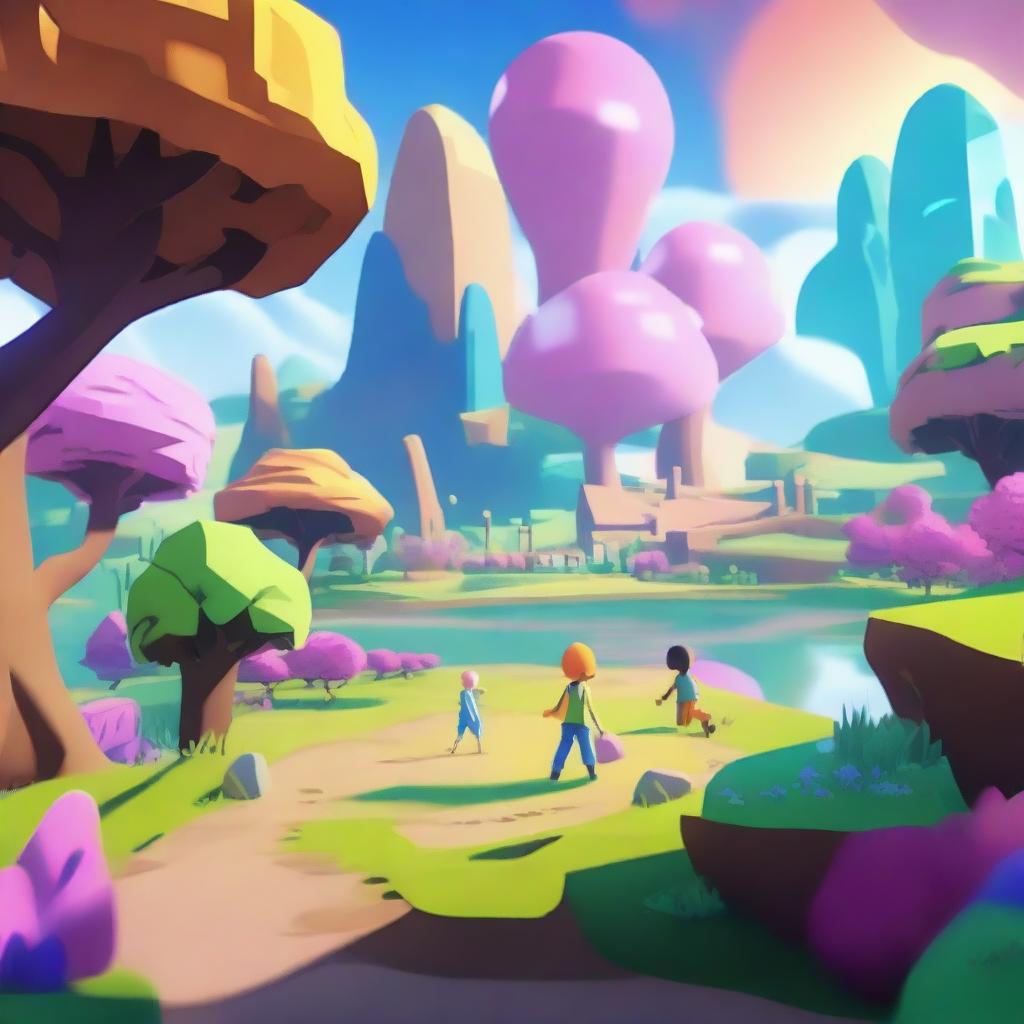 Create a vibrant and engaging scene from a video game, featuring a dynamic landscape and characters interacting in a lively environment