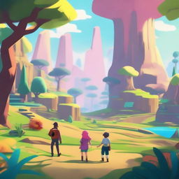 Create a vibrant and engaging scene from a video game, featuring a dynamic landscape and characters interacting in a lively environment