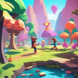 Create a vibrant and engaging scene from a video game, featuring a dynamic landscape and characters interacting in a lively environment