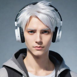 A stylized, non-realistic anime-inspired male character with white hair, captivating Gojo-like eyes, and wearing trendy gaming headphones.