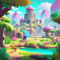 Create a vibrant and engaging scene from a video game, featuring a dynamic landscape and characters interacting in a lively environment