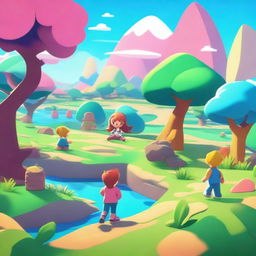 Create a vibrant and engaging scene from a video game, featuring a dynamic landscape and characters interacting in a lively environment