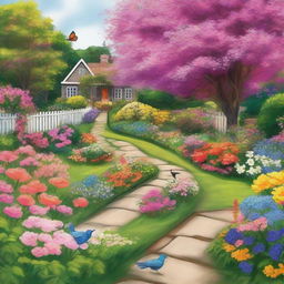 A serene yard filled with beautiful flowers, birds, and butterflies