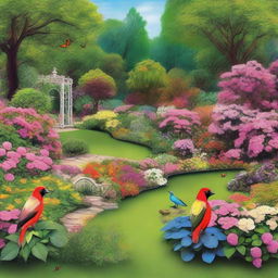 A serene yard filled with beautiful flowers, birds, and butterflies