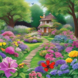 A serene yard filled with beautiful flowers, birds, and butterflies