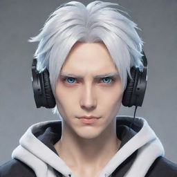 A stylized, non-realistic anime-inspired male character with white hair, captivating Gojo-like eyes, and wearing trendy gaming headphones.