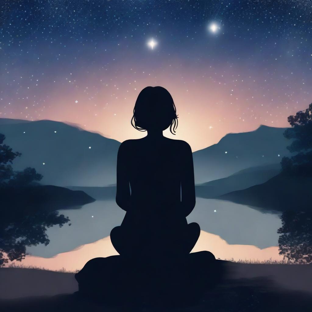 Create an image of a person deep in thought, with a dreamy and nostalgic expression, under a night sky filled with stars