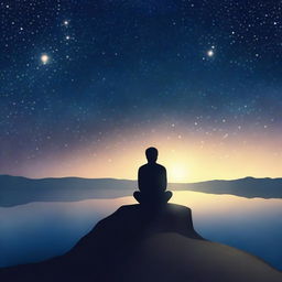 Create an image of a person deep in thought, with a dreamy and nostalgic expression, under a night sky filled with stars