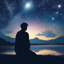 Create an image of a person deep in thought, with a dreamy and nostalgic expression, under a night sky filled with stars