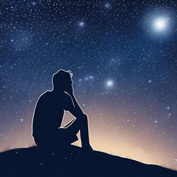 Create an image of a person deep in thought, with a dreamy and nostalgic expression, under a night sky filled with stars