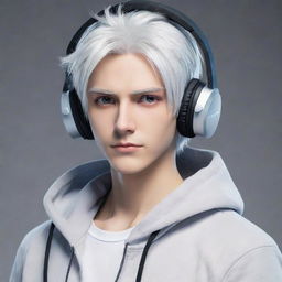 A stylized, non-realistic anime-inspired male character with white hair, captivating Gojo-like eyes, and wearing trendy gaming headphones.