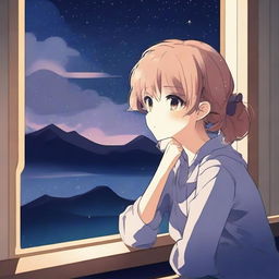 Create an anime-style image of a character deep in thought, perhaps gazing out a window at night