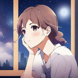 Create an anime-style image of a character deep in thought, perhaps gazing out a window at night