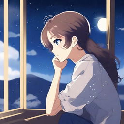 Create an anime-style image of a character deep in thought, perhaps gazing out a window at night