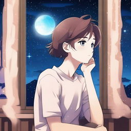 Create an anime-style image of a character deep in thought, perhaps gazing out a window at night