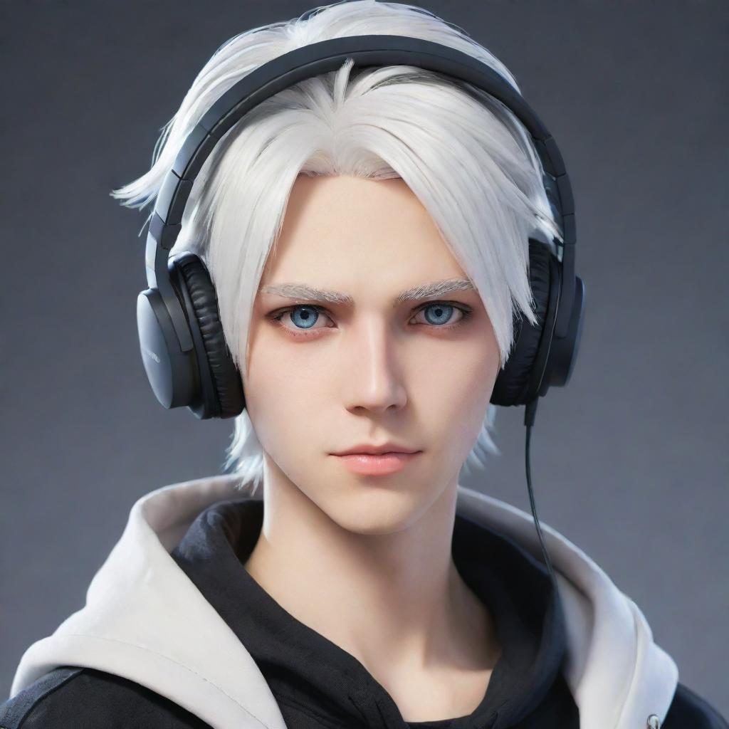 A stylized, non-realistic anime-inspired male character with white hair, captivating Gojo-like eyes, and wearing trendy gaming headphones.