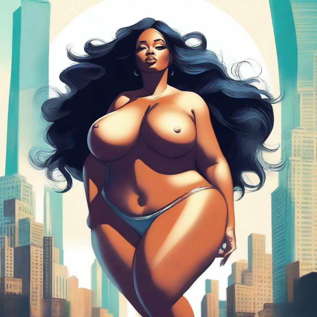 Create an image of a gigantic woman with massive curves