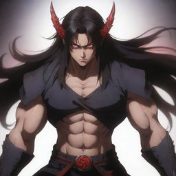 A teenage anime character with a muscular build, furious red eyes, and long dark hair, emanating dark magic. He is dressed in traditional warrior clothing.