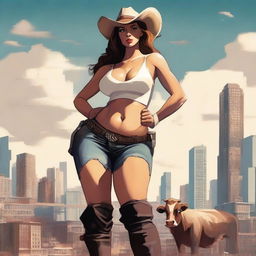 Create an image of a gigantic anthropomorphic cow girl with massive curves