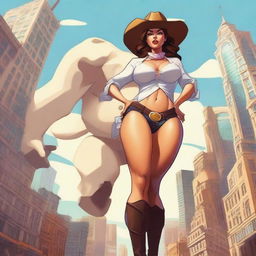 Create an image of a gigantic anthropomorphic cow girl with massive curves