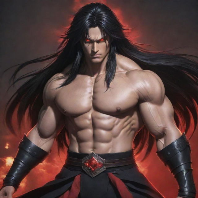 A teenage anime character with a muscular build, furious red eyes, and long dark hair, emanating dark magic. He is dressed in traditional warrior clothing.