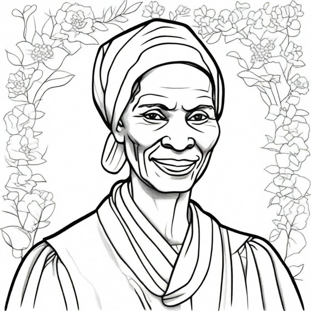 Create a detailed coloring book page featuring Sojourner Truth (c