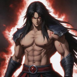 A teenage anime character with a muscular build, furious red eyes, and long dark hair, emanating dark magic. He is dressed in traditional warrior clothing.