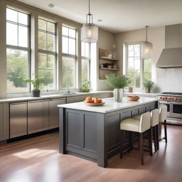 A detailed and modern kitchen room with stainless steel appliances, a large island with bar stools, and ample natural light coming through large windows