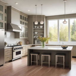 A detailed and modern kitchen room with stainless steel appliances, a large island with bar stools, and ample natural light coming through large windows