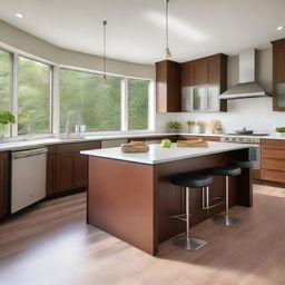 A detailed and modern kitchen room with stainless steel appliances, a large island with bar stools, and ample natural light coming through large windows