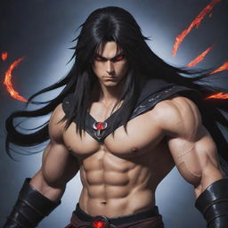 A teenage anime character with a muscular build, furious red eyes, and long dark hair, emanating dark magic. He is dressed in traditional warrior clothing.